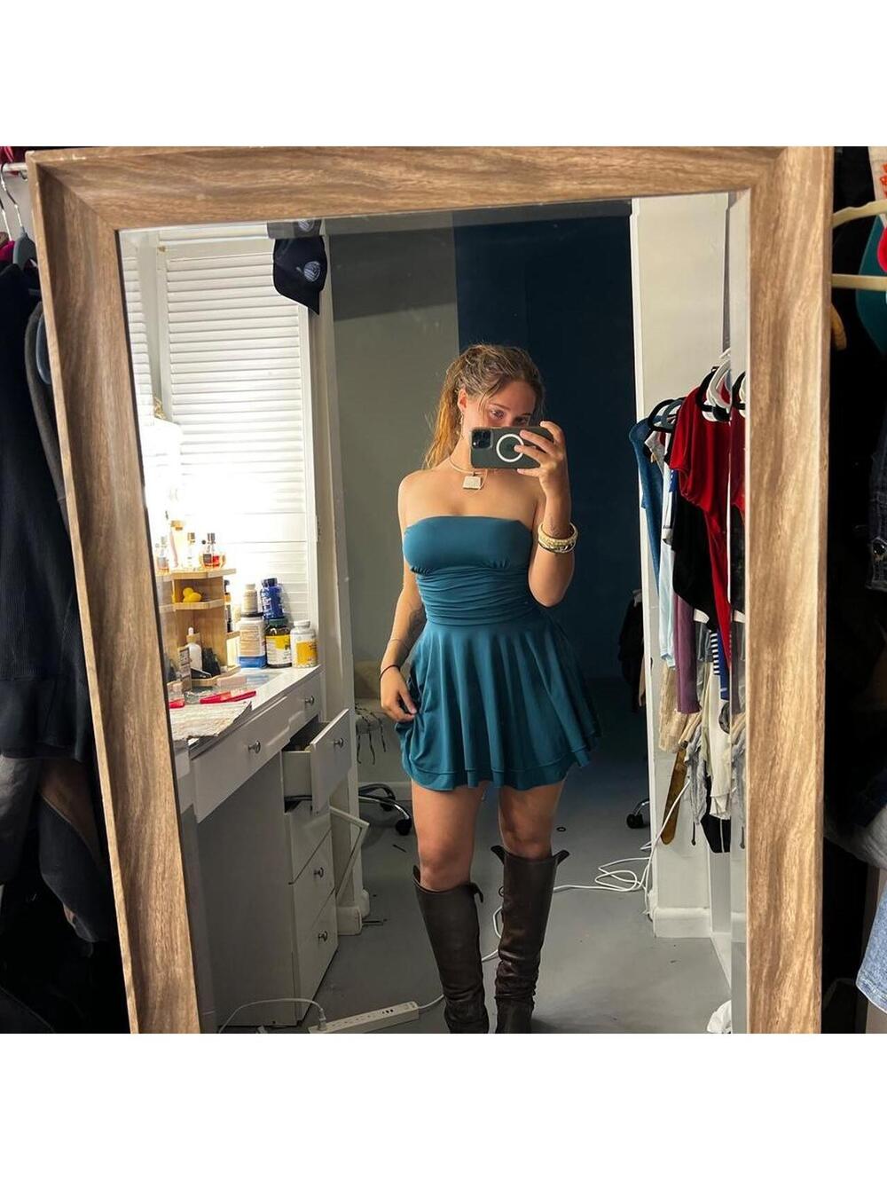 Green/blue ish strapless mini dress